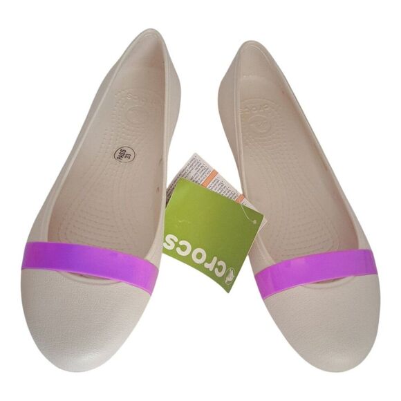 Crocs Brynn Flats Women's 10 Cap Toe Ballet Casual Off White Slip Violet Strip - Picture 2 of 8